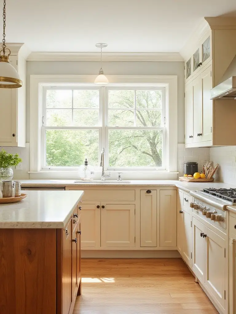 Classic kitchen featuring warm off-white perimeter cabinets and a natural wood island, paired with light countertops and wood flooring.