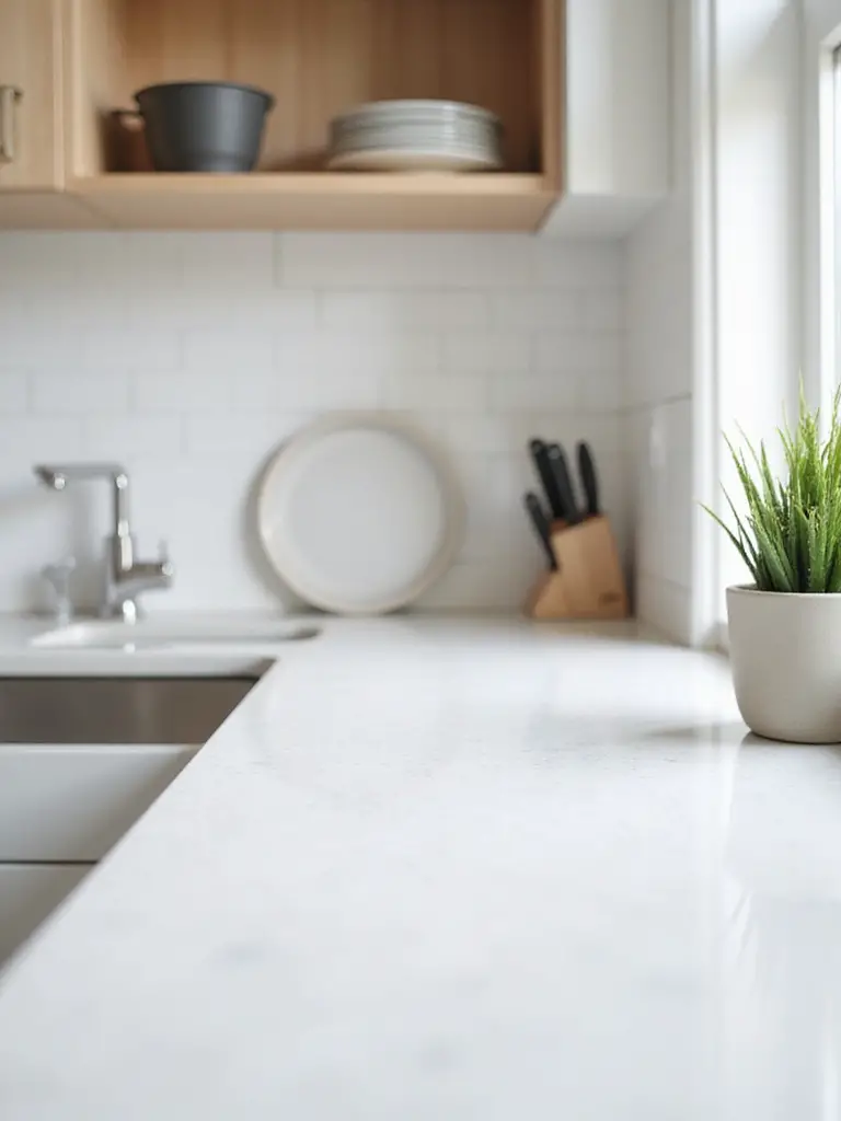 A clean and spacious small kitchen countertop with minimal items, showcasing the impact of decluttering.