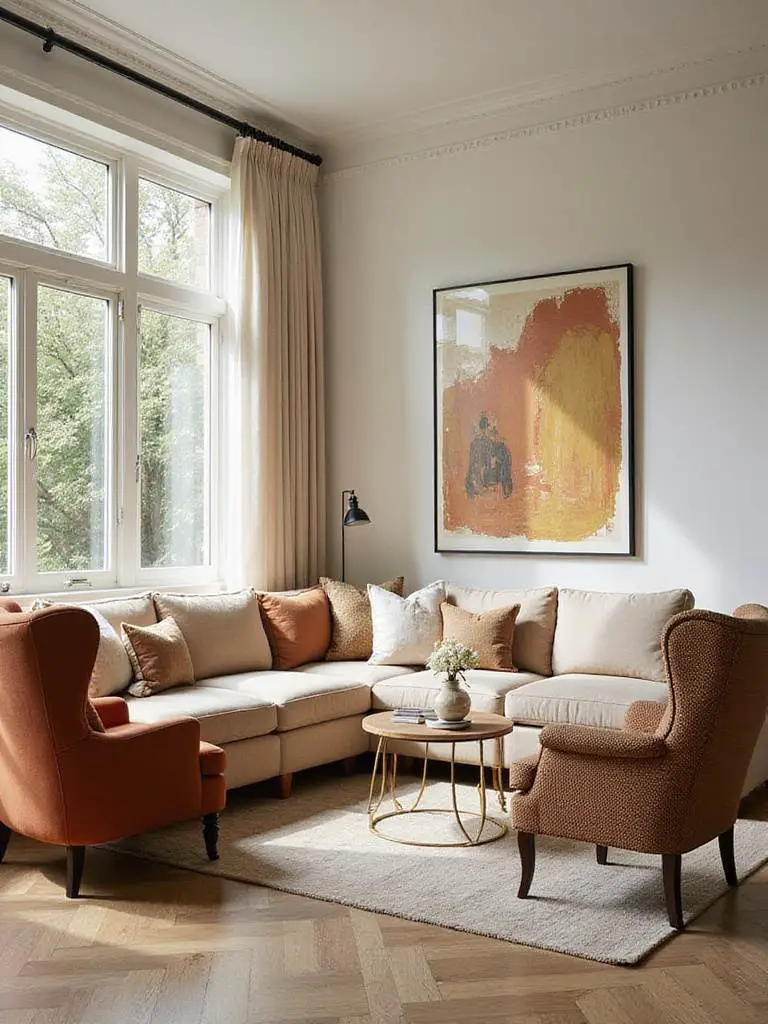 Living room with sofa and two accent chairs creating a welcoming conversation area with natural light.