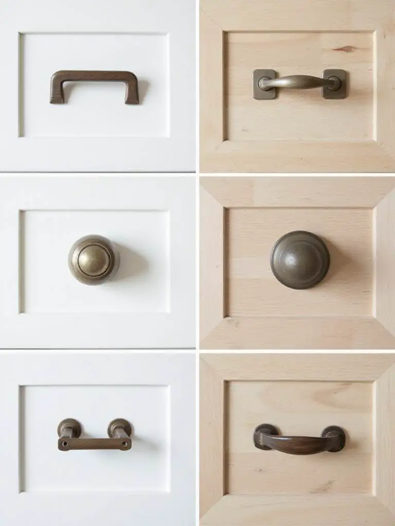 Various cabinet hardware options and styles showing pulls, knobs, and mixed applications for kitchen interior design