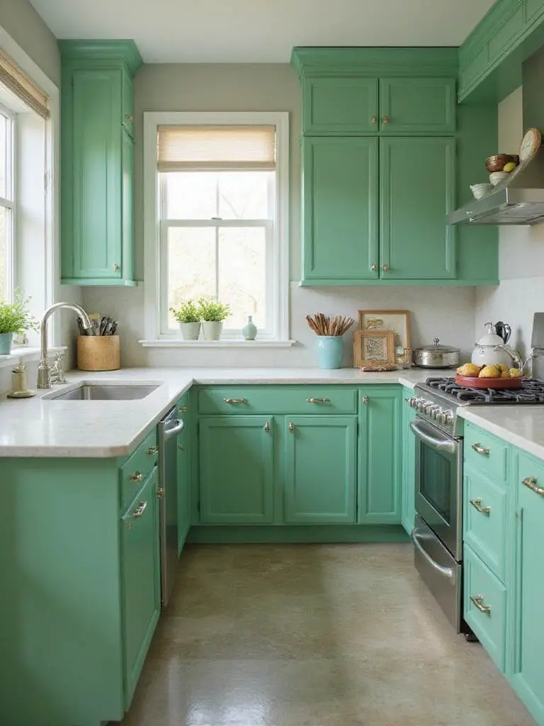 A kitchen featuring various cabinet materials for durable green finishes, showcasing smooth textures and vibrant colors.
