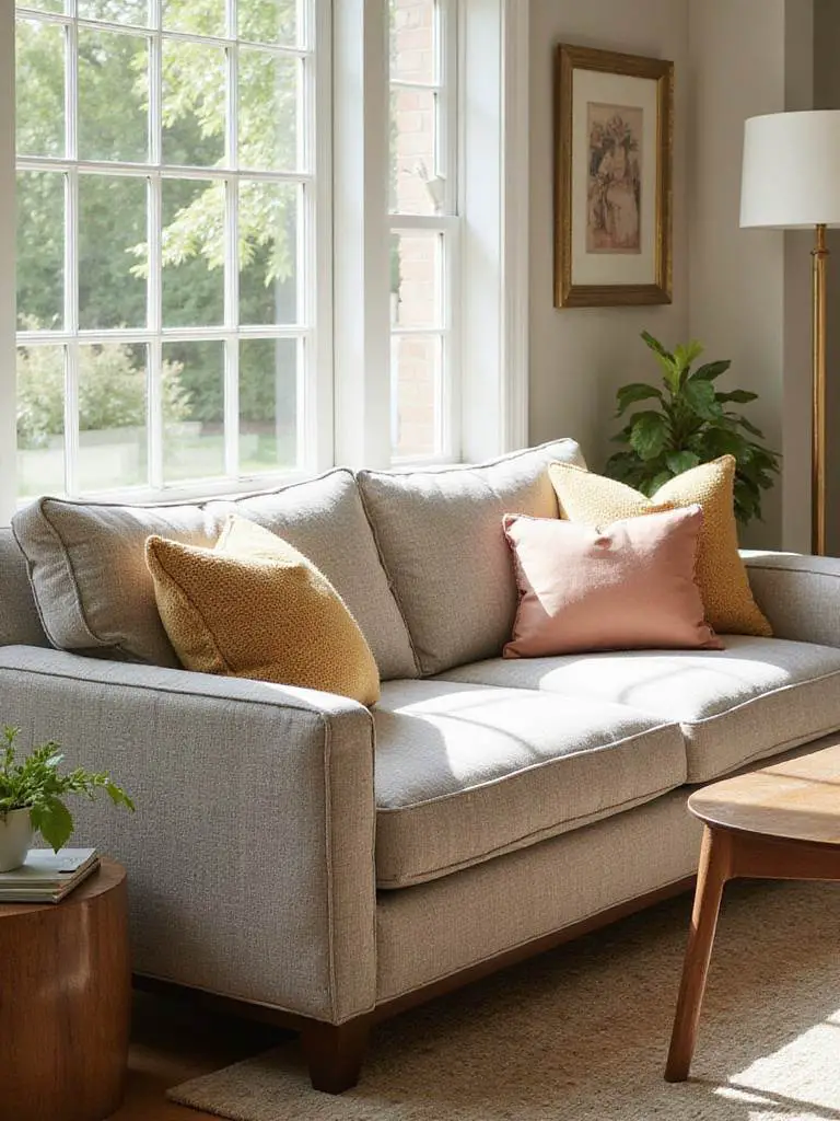 Durable upholstered sofa in a bright living room, showcasing long-lasting fabric texture and resilience.