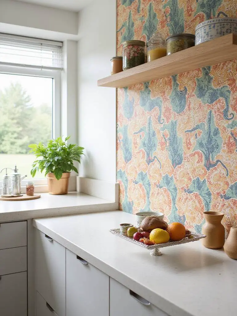 A kitchen featuring durable, washable vinyl wallpaper, highlighting its practical and aesthetic qualities.