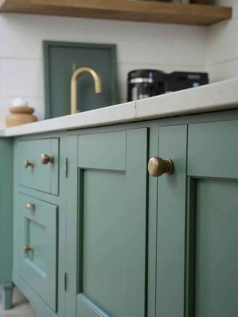 Close-up of green kitchen cabinet doors with contrasting hardware finishes