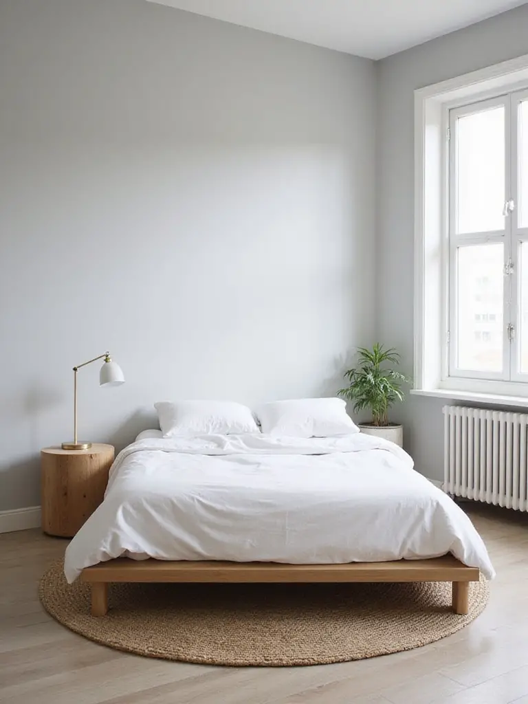 Minimalist bedroom with platform bed, bedside table, and natural light.
