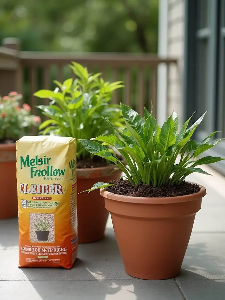 Comparison of potted plants on a patio, one thriving in fluffy potting mix and another struggling in dense garden soil, illustrating the importance of choosing the right container medium.