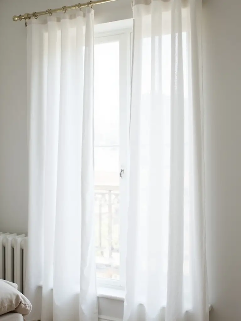 Minimalist bedroom with white linen curtains