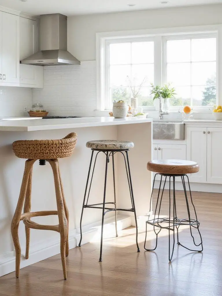 A trio of unique, mismatched bar stools featuring different styles and materials positioned along a modern kitchen island.