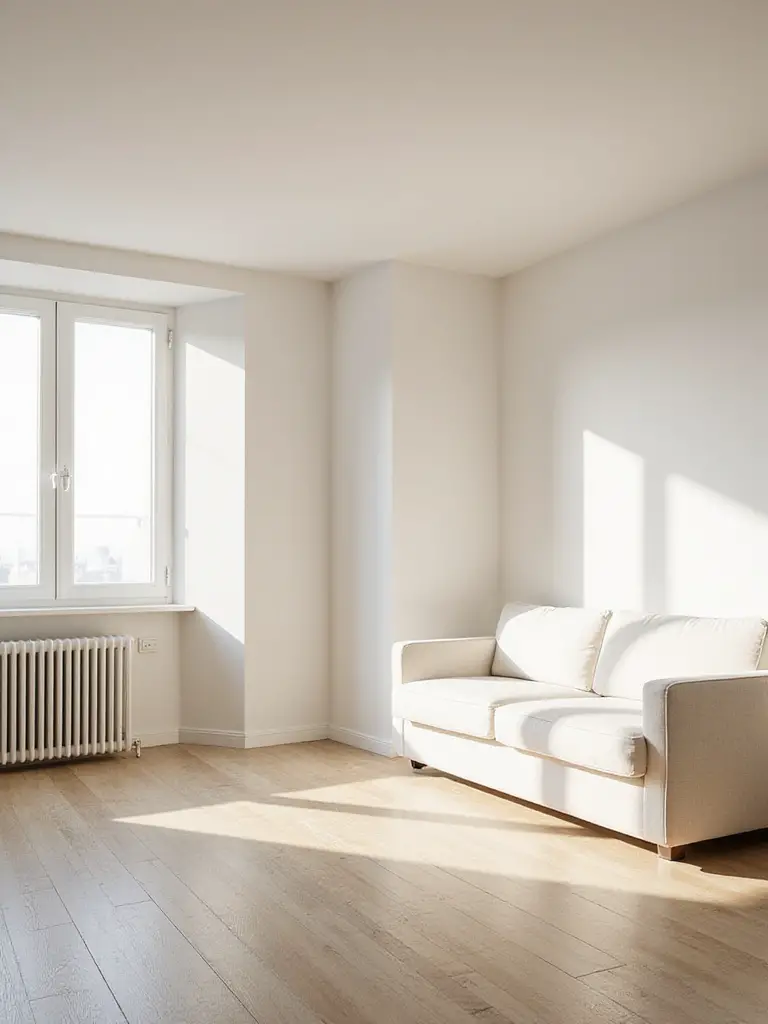 Bright apartment living room painted in a light neutral color, appearing spacious and airy with natural light.