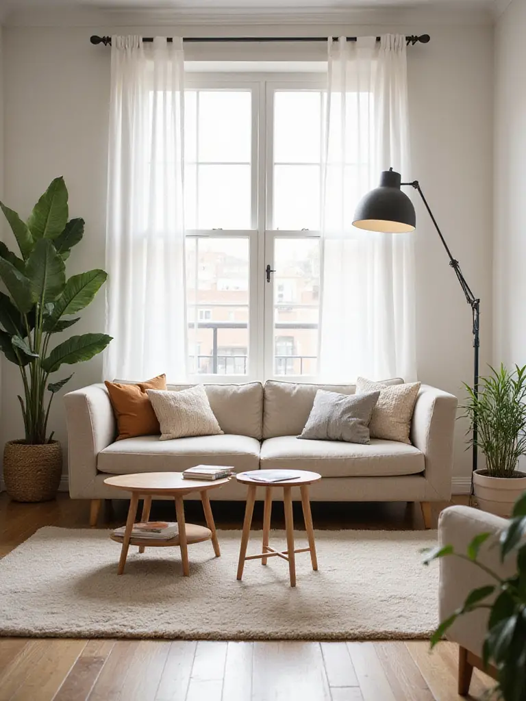 A modern apartment living room featuring a perfectly-sized grey fabric sofa, a round coffee table, and a large window allowing natural light. The room feels spacious and comfortable despite its smaller scale.