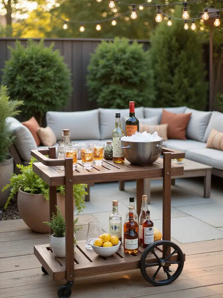 A stylish outdoor bar cart set up for entertaining on a patio, filled with bottles, glasses, and ice, surrounded by outdoor seating and plants.