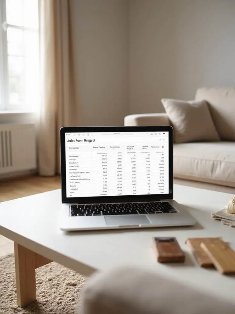 Laptop showing a furniture budget spreadsheet on a coffee table in a modern living room with fabric samples.