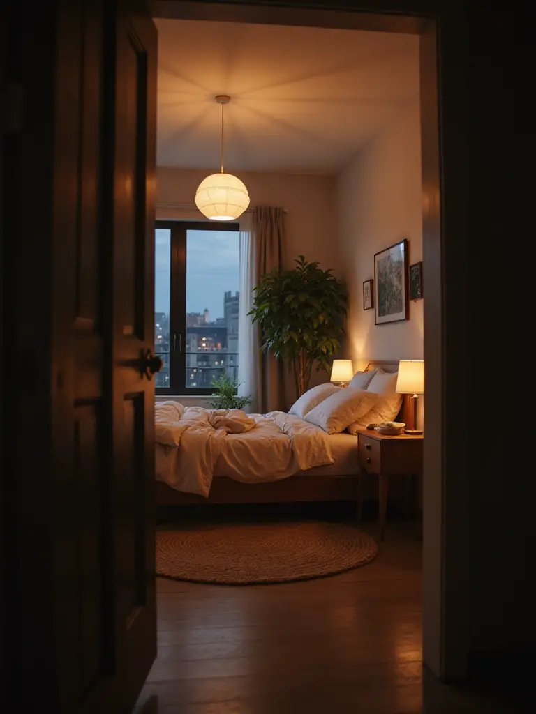 A cozy bedroom interior illuminated by layered lighting, including a dimmed ceiling light, warm bedside lamps, and subtle accent lighting, creating a peaceful and inviting mood.