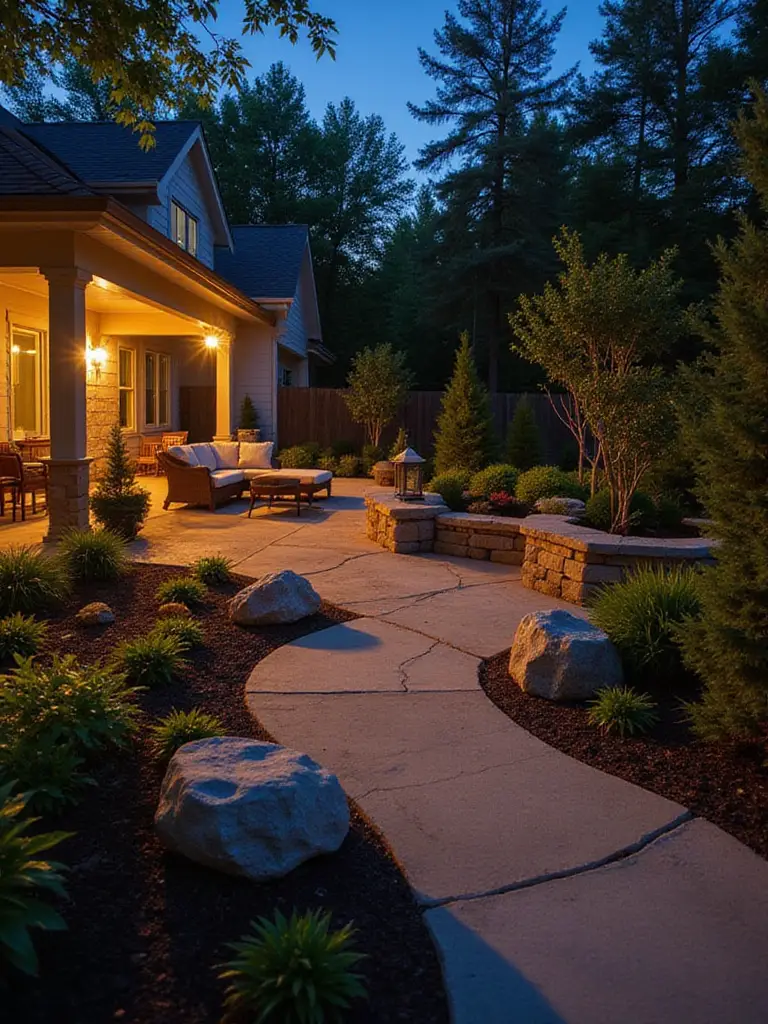 Evening backyard scene with subtle outdoor speakers integrated into the landscape and patio area, illuminated by soft lighting.