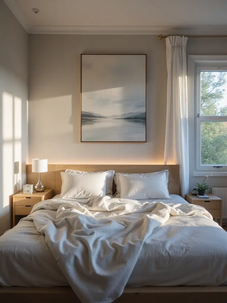 A serene bedroom featuring a large abstract painting above the bed with soft blue and cream colors, creating a calm and peaceful mood in the space.