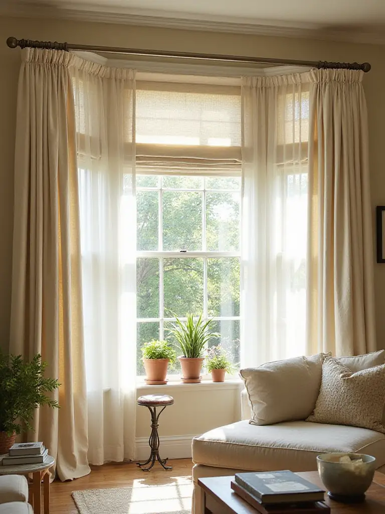 Layered window treatments featuring sheer curtains, linen drapes, and a Roman shade in a bright, stylish living room, showcasing design and light control.
