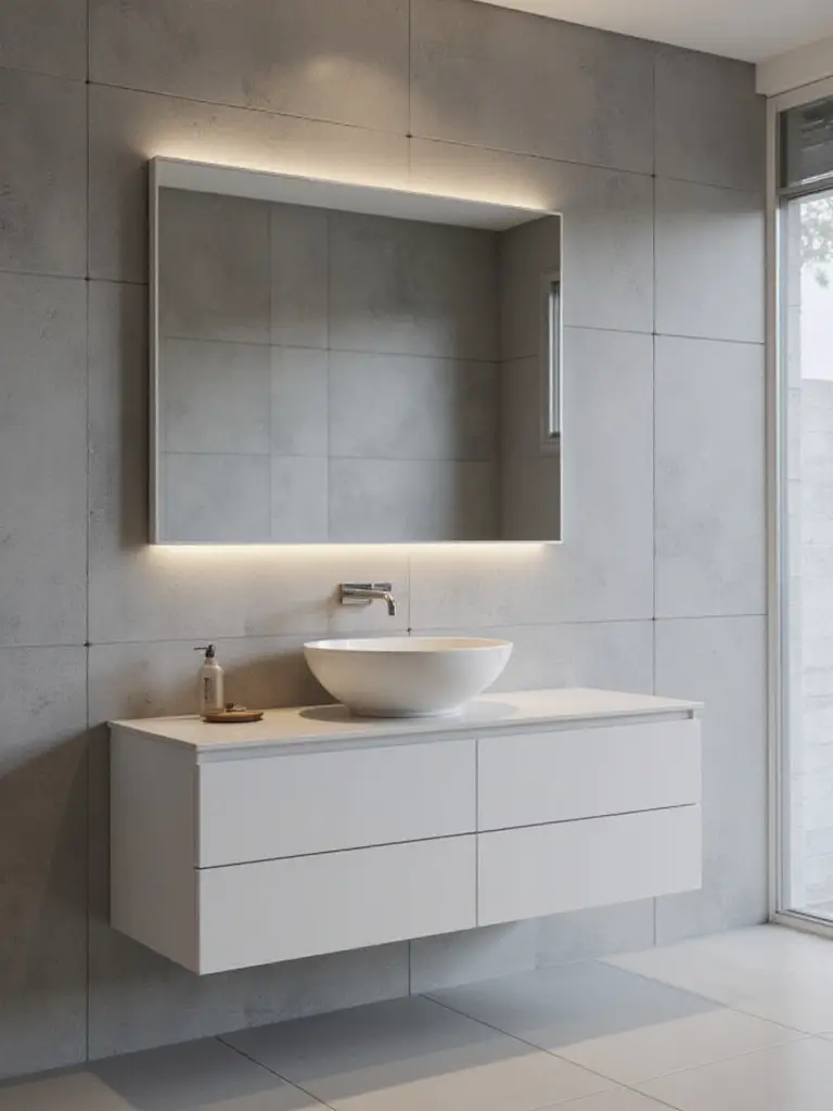 Modern bathroom with a floating vanity and a seamless integrated sink, showcasing minimalist design and clean lines.