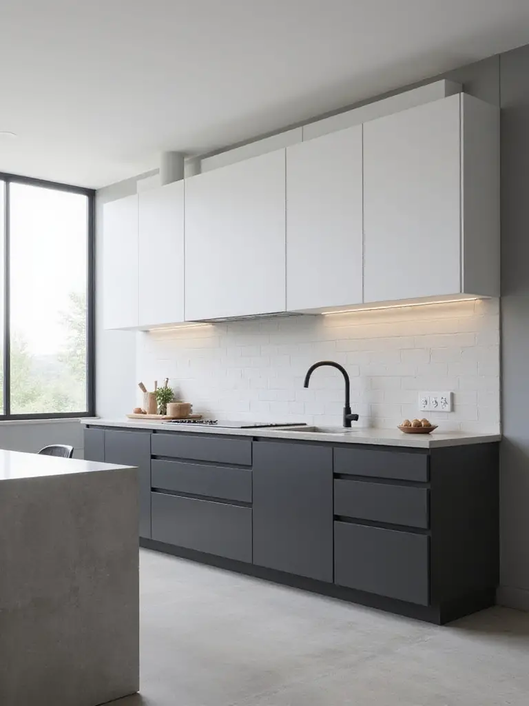 A modern minimalist kitchen featuring sleek, flat-panel cabinets in matte white and charcoal gray. The design is handleless with clean lines, a light gray quartz countertop, and a simple white tile backsplash, embodying a sophisticated and uncluttered aesthetic.