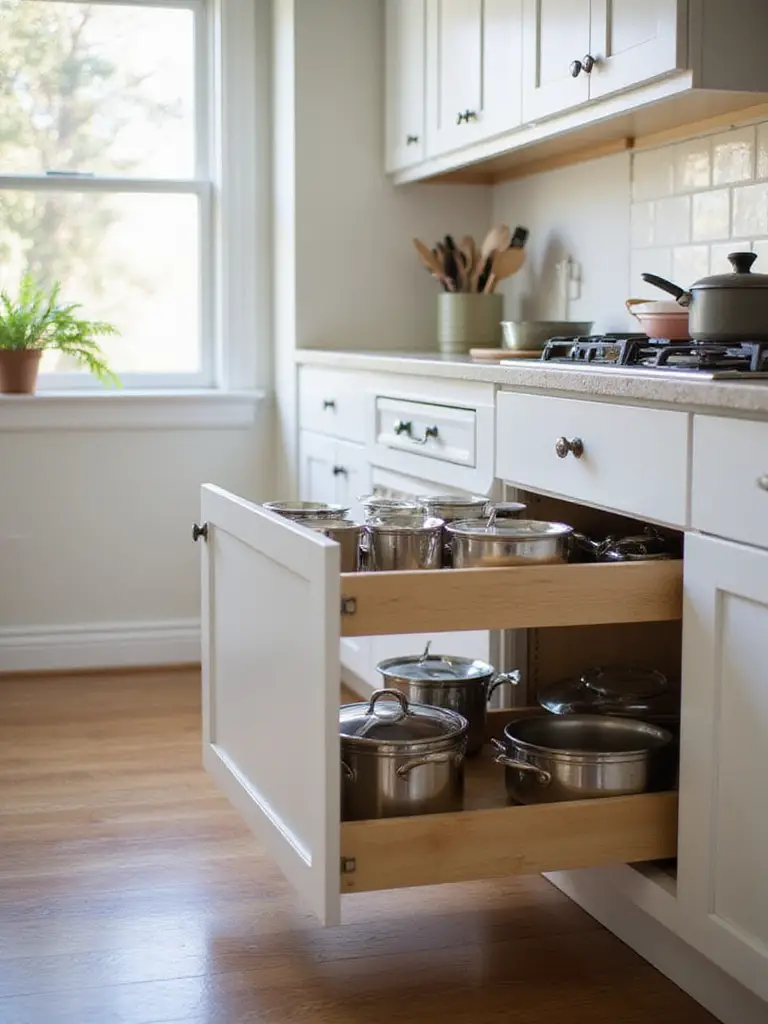 Slide-out shelf in a kitchen cabinet holding pots and pans for easy access.
