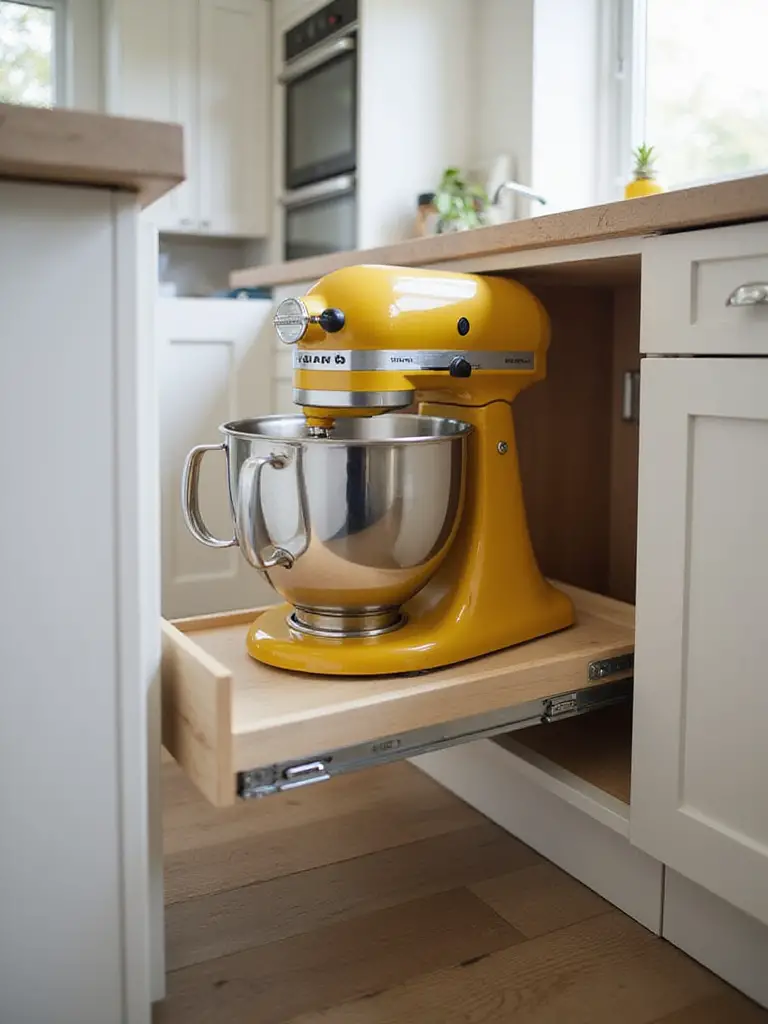 Heavy-duty pull-out platform extended from a kitchen base cabinet with a stand mixer on it.