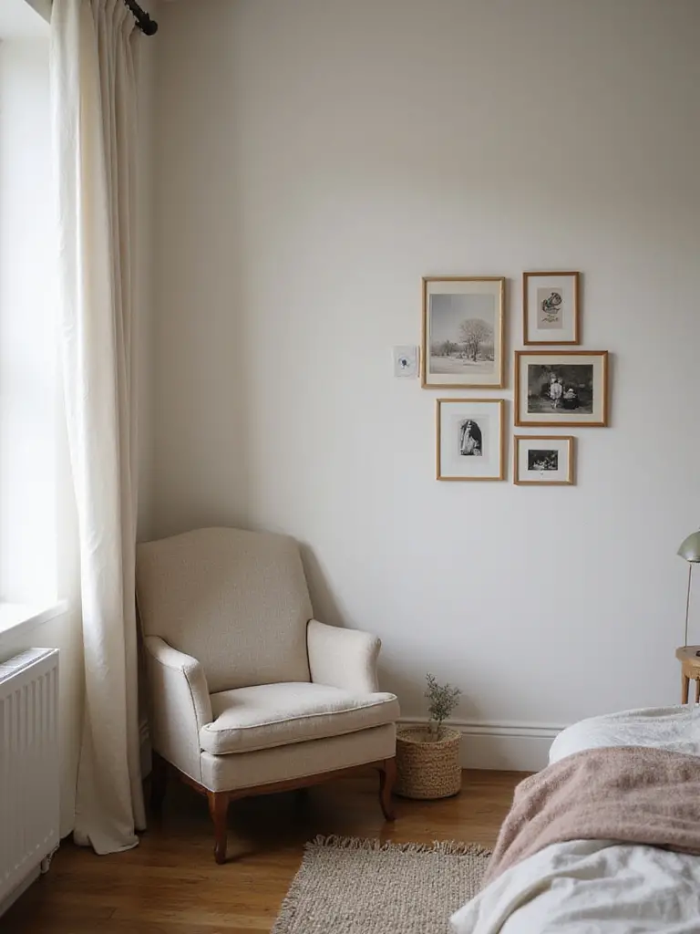 View of a cozy bedroom corner with an armchair and a curated display of small framed art pieces on the wall beside it.