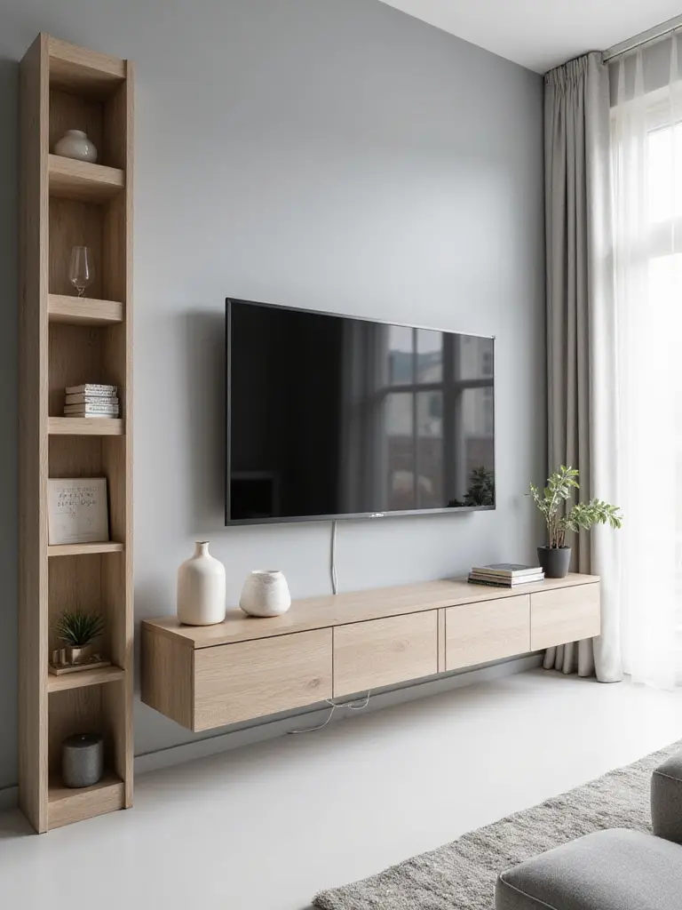 Modern apartment living room with a space-saving entertainment center, featuring a wall-mounted TV, floating console, and vertical shelving unit for smart storage.