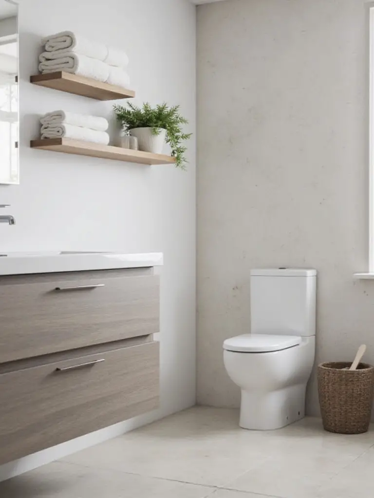 Modern bathroom featuring smart storage with both a sleek floating vanity with hidden drawers and minimalist open shelves displaying towels and decor.