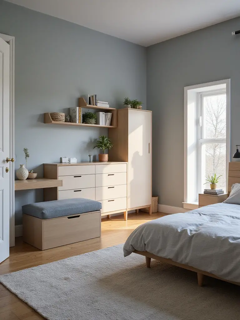 A tidy bedroom featuring smart storage solutions including under-bed drawers, a headboard with shelves, floating wall shelves, and a storage bench, creating a calm and organized retreat.