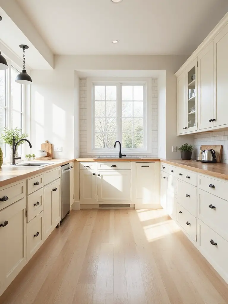 Transitional kitchen with soft cream shaker cabinets, natural light, wood island countertop, and matte black hardware.