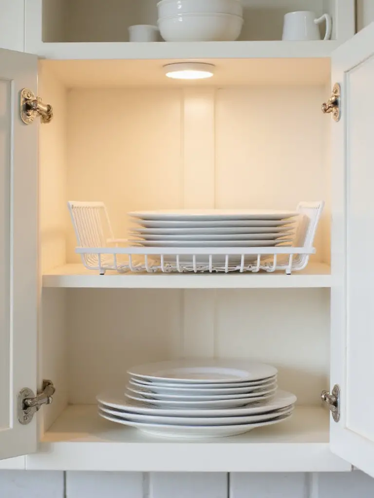 White wire stackable cabinet shelf inside a light-colored kitchen cabinet, organizing stacks of white plates to maximize vertical space.