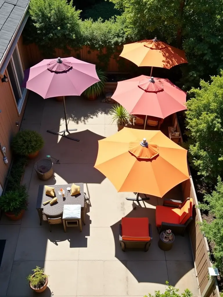 Colorful outdoor umbrellas providing ample shade over a bright backyard patio with seating and a dining area.