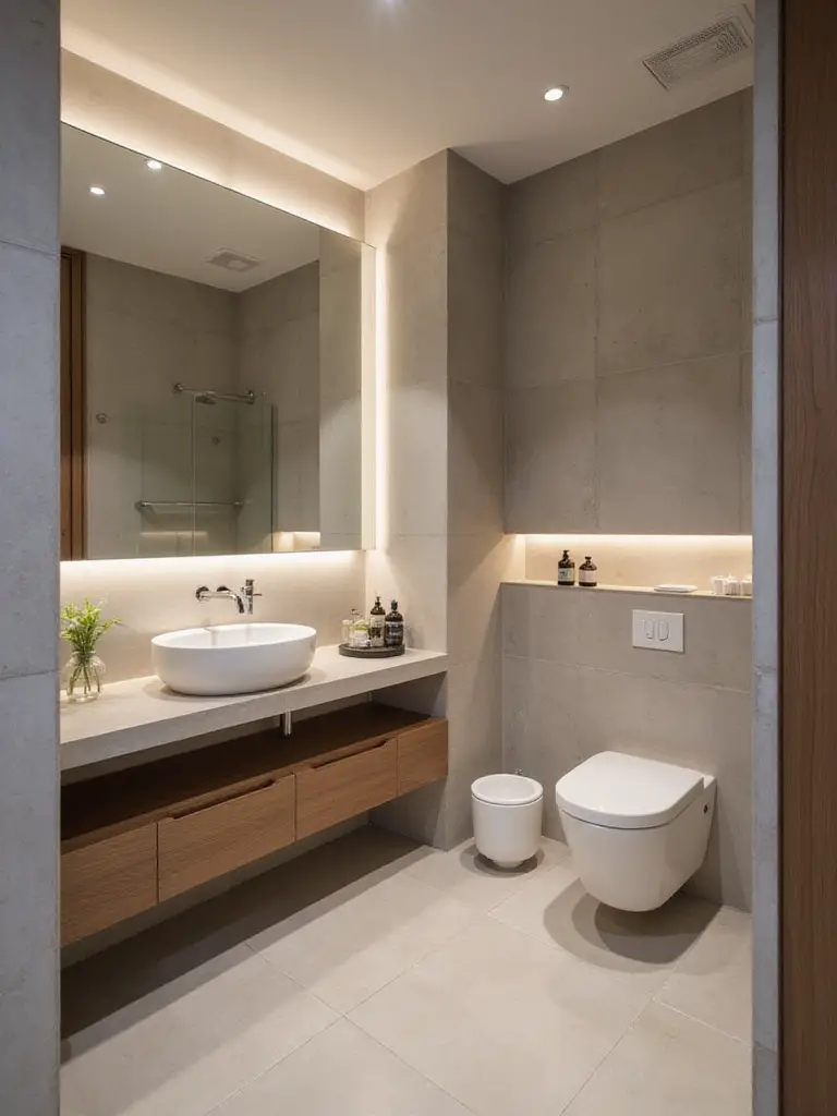 Modern bathroom showcasing smart technology, including an illuminated smart mirror, floating vanity, and a sleek smart toilet, highlighting a futuristic and convenient design.