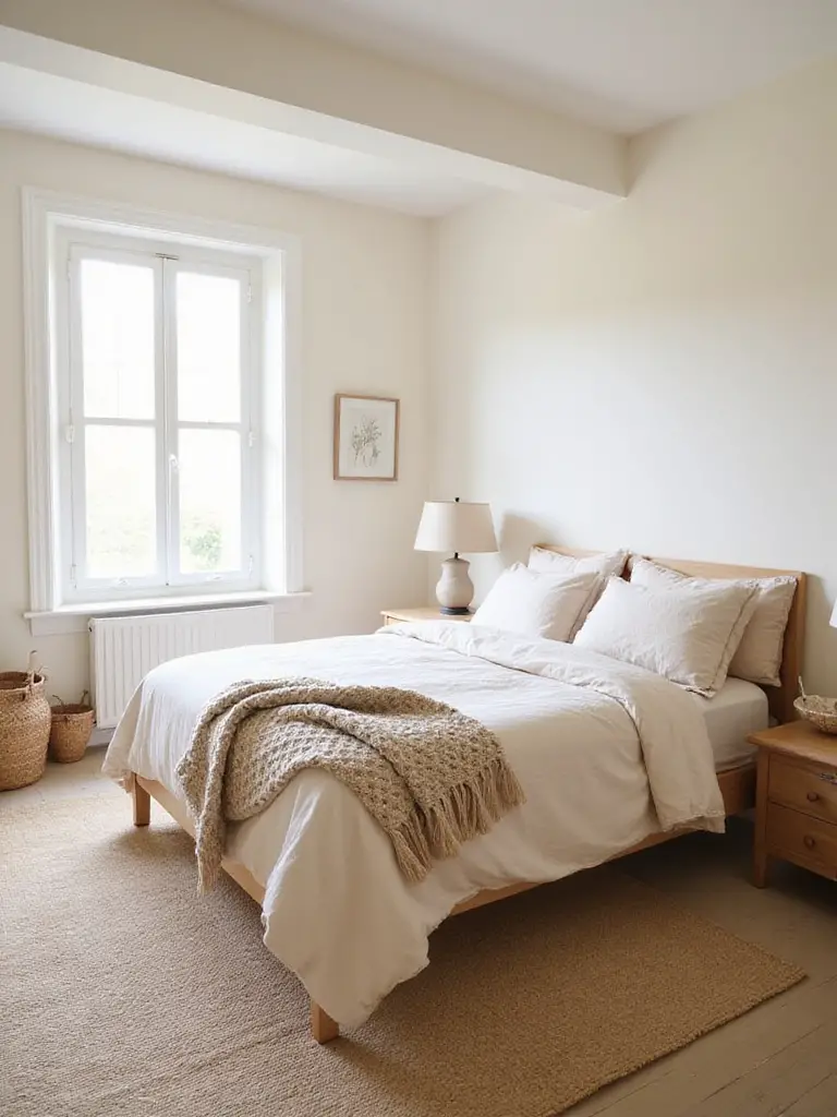 A cozy farmhouse bedroom featuring a soft, neutral color palette with layers of cream and beige bedding on a wooden bed frame, a textured rug, and natural wood furniture, bathed in gentle natural light.