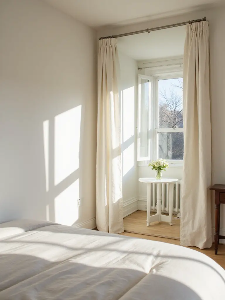 Bright bedroom with a large mirror reflecting a window, making the room feel spacious and full of light.