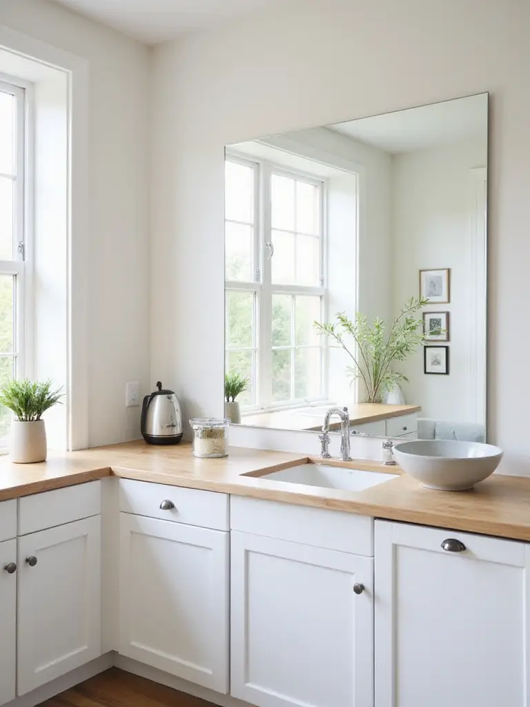 A small white kitchen appears larger due to a strategically placed large, frameless mirror reflecting light and the view from a window.