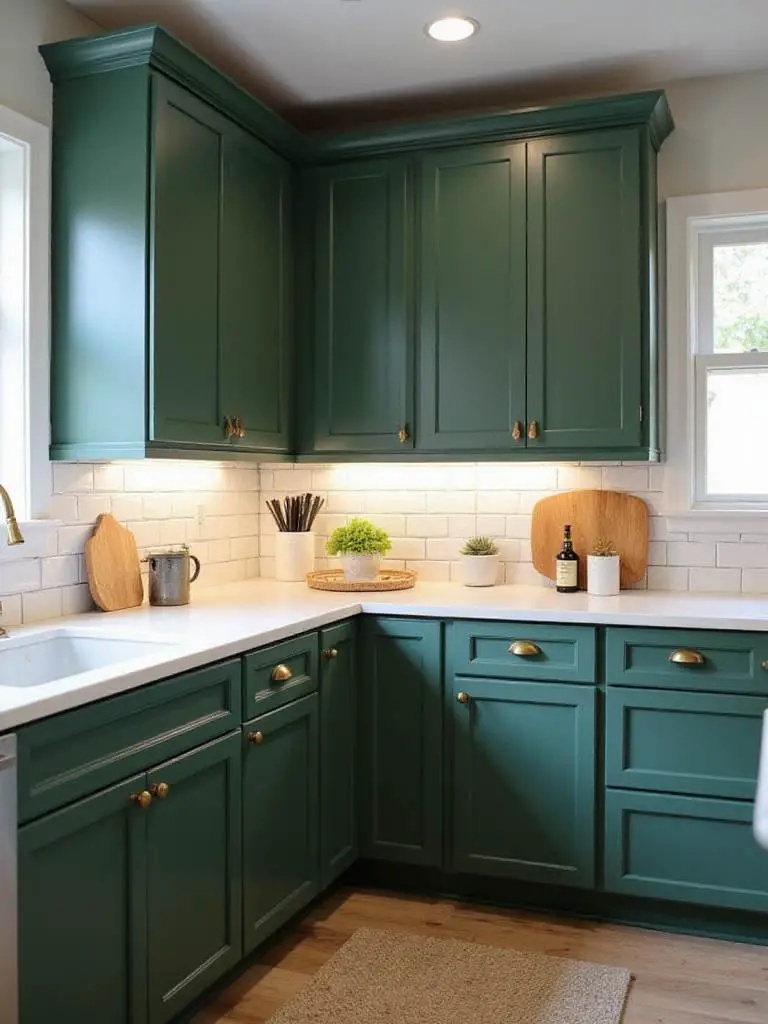 Stylish kitchen with green Shaker cabinets and brass hardware, white quartz countertops.