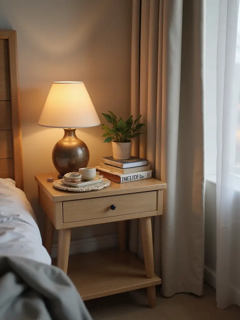 A beautifully styled wooden nightstand next to a bed, featuring a lamp, books, a plant, and decorative items, illustrating professional nightstand decor.