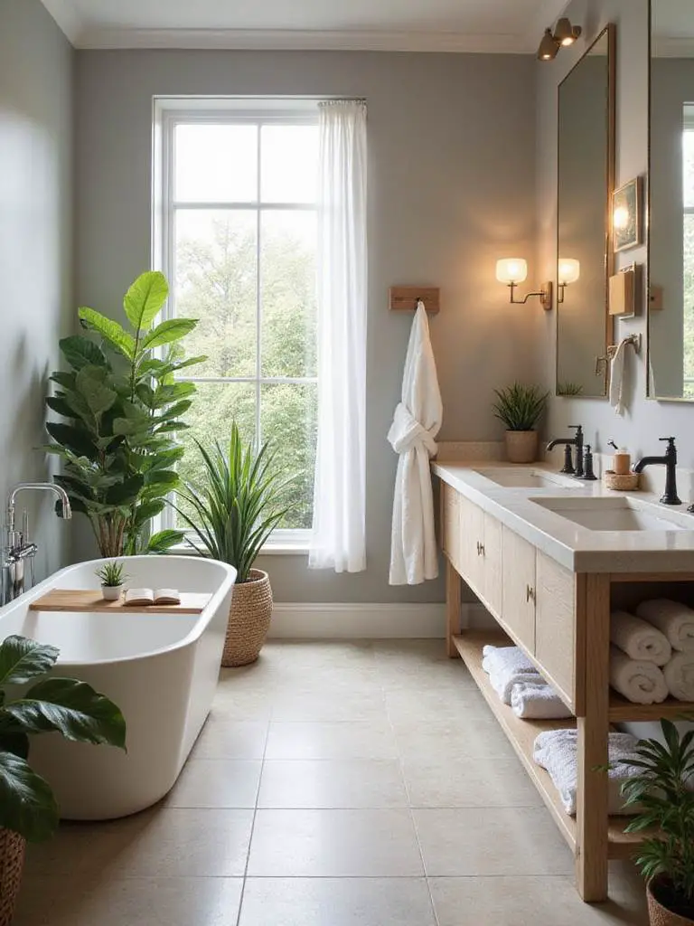 Luxurious spa-like bathroom with freestanding soaking tub, natural stone tiles, wooden vanity, soft lighting, plants, and plush towels.