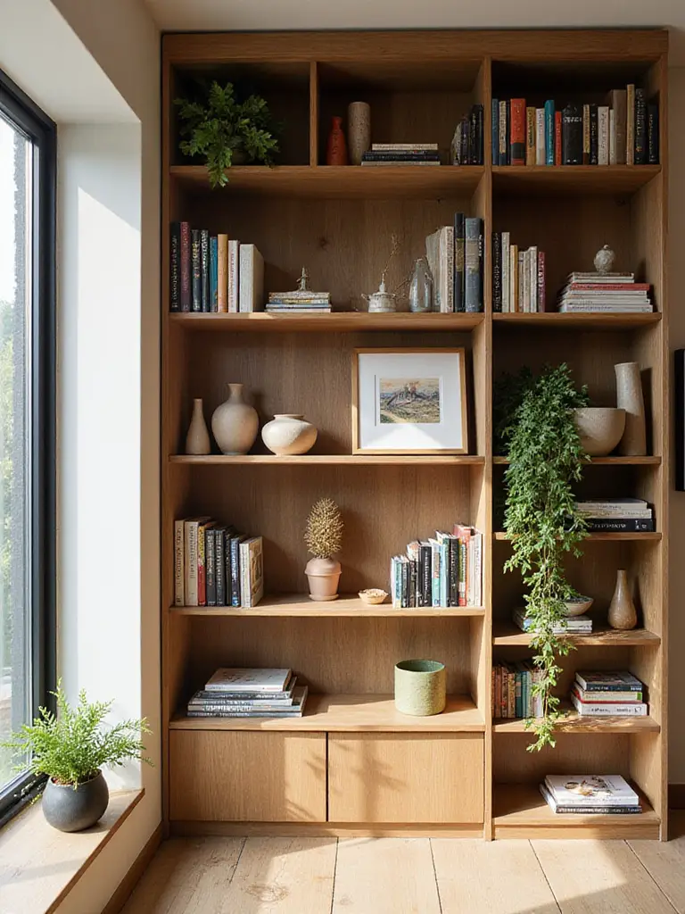 A beautifully styled bookcase in an apartment living room, featuring a mix of books, decorative objects, and plants.