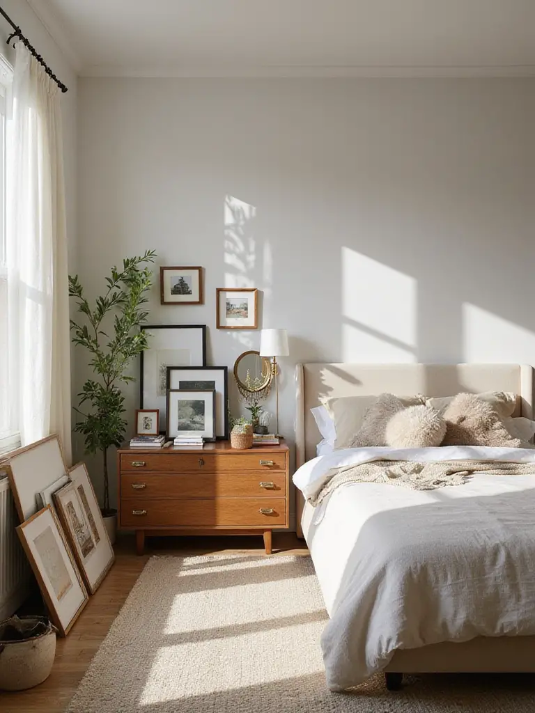 A stylish bedroom featuring framed art and canvases leaning casually against the wall on the floor and smaller pieces leaning on a dresser, creating a relaxed aesthetic.