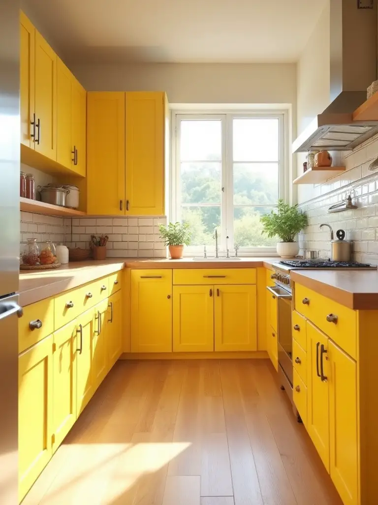 Bright kitchen with warm, buttery yellow cabinets, natural wood countertops, and brass hardware, illuminated by sunlight.