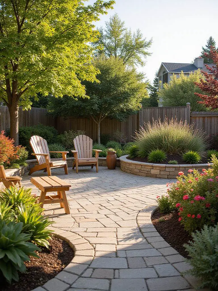 Low-maintenance backyard design featuring hardscape and native plants