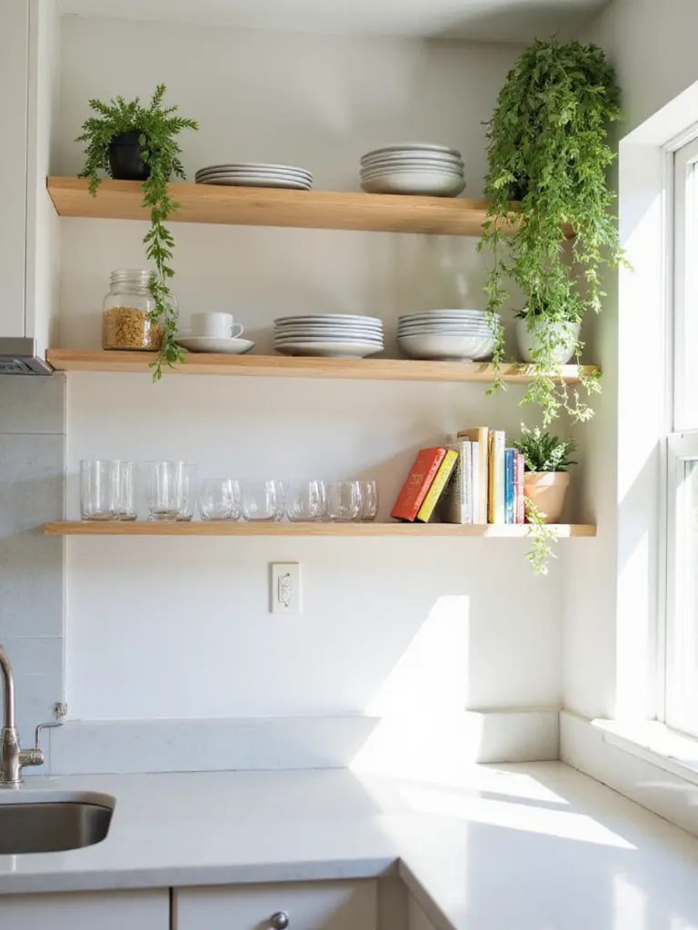 Small kitchen with light wood open shelving holding white dishes, glasses, plants, and cookbooks, creating an airy and spacious feel.
