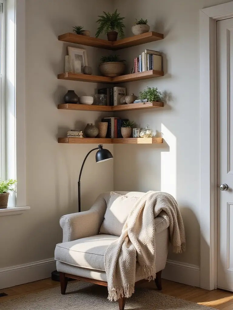 A cozy, well-decorated awkward corner in an apartment living room featuring floating shelves, a comfortable chair, and a floor lamp, transforming the unused space.
