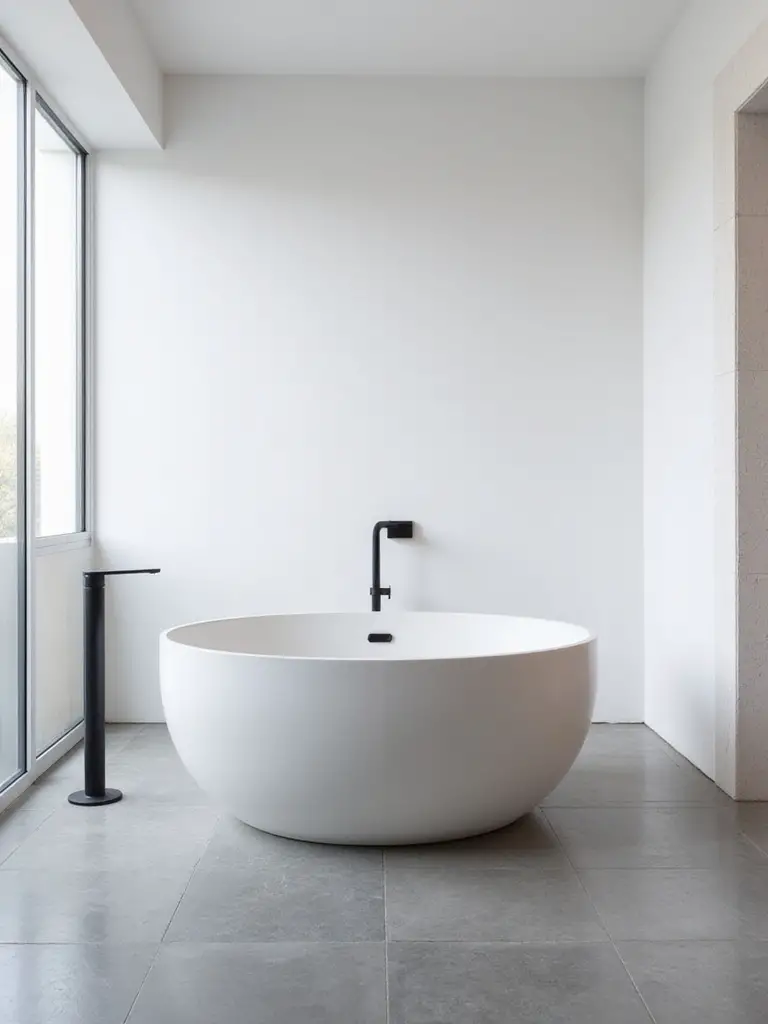 Modern bathroom with a white oval freestanding tub as the centerpiece, showcasing minimalist design and natural light.