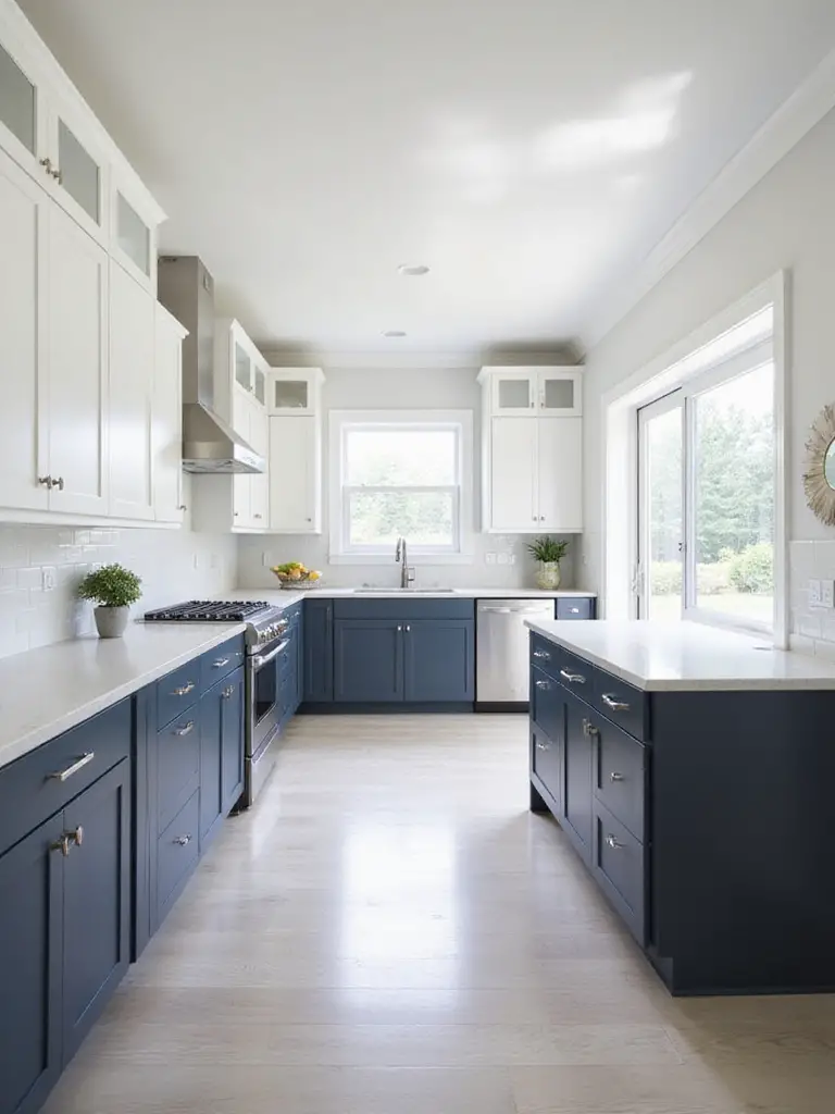 Modern kitchen with two-tone cabinets featuring navy blue lowers, white uppers, and a grey island.
