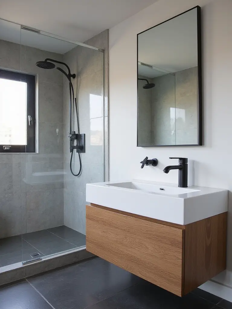 Modern bathroom with floating wood vanity, white counter, and matte black faucet. Features large grey wall tiles and a glass shower with matte black fixtures.