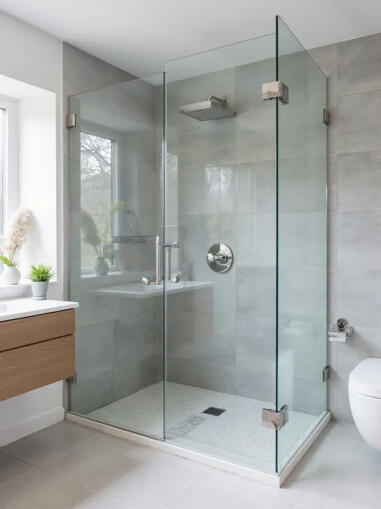Elegant modern bathroom featuring a spacious frameless walk-in shower with clear glass, large format grey tiles, and minimalist fixtures, creating a clean and open feel.