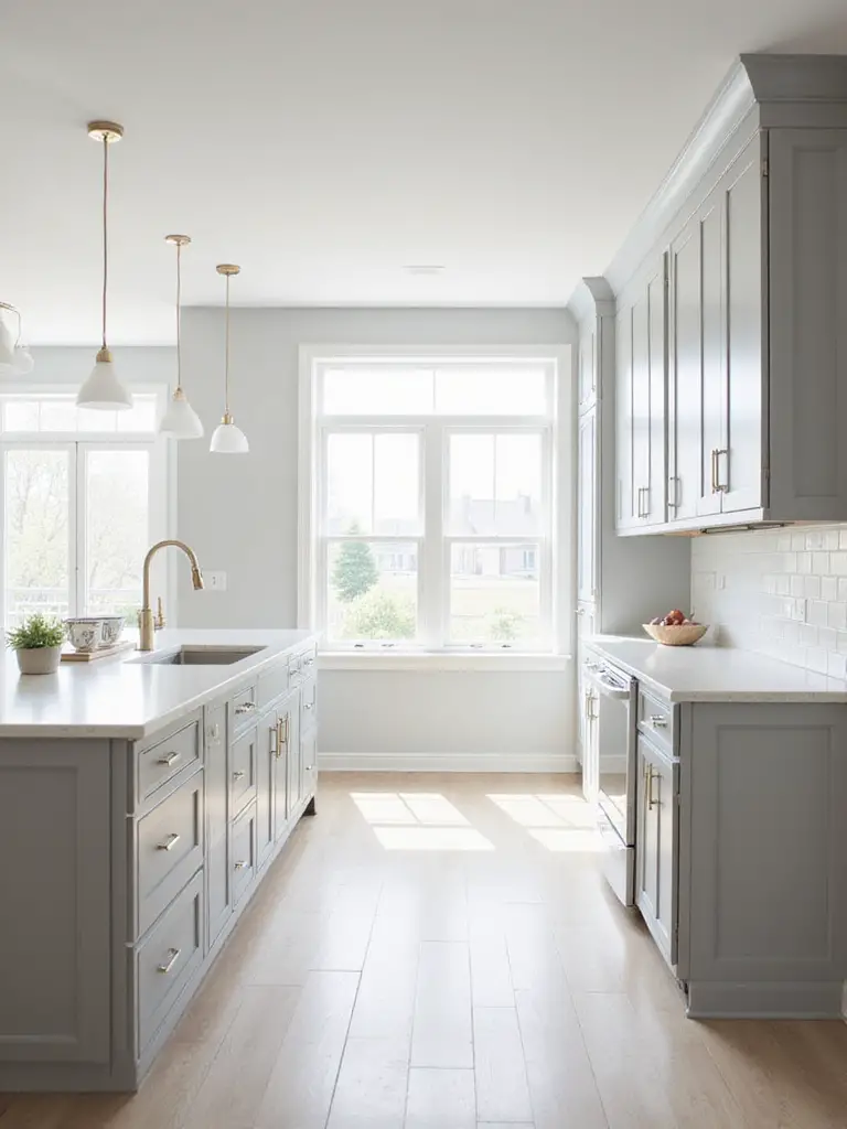 Stylish modern kitchen with neutral light grey cabinets, white countertops, and abundant natural light.