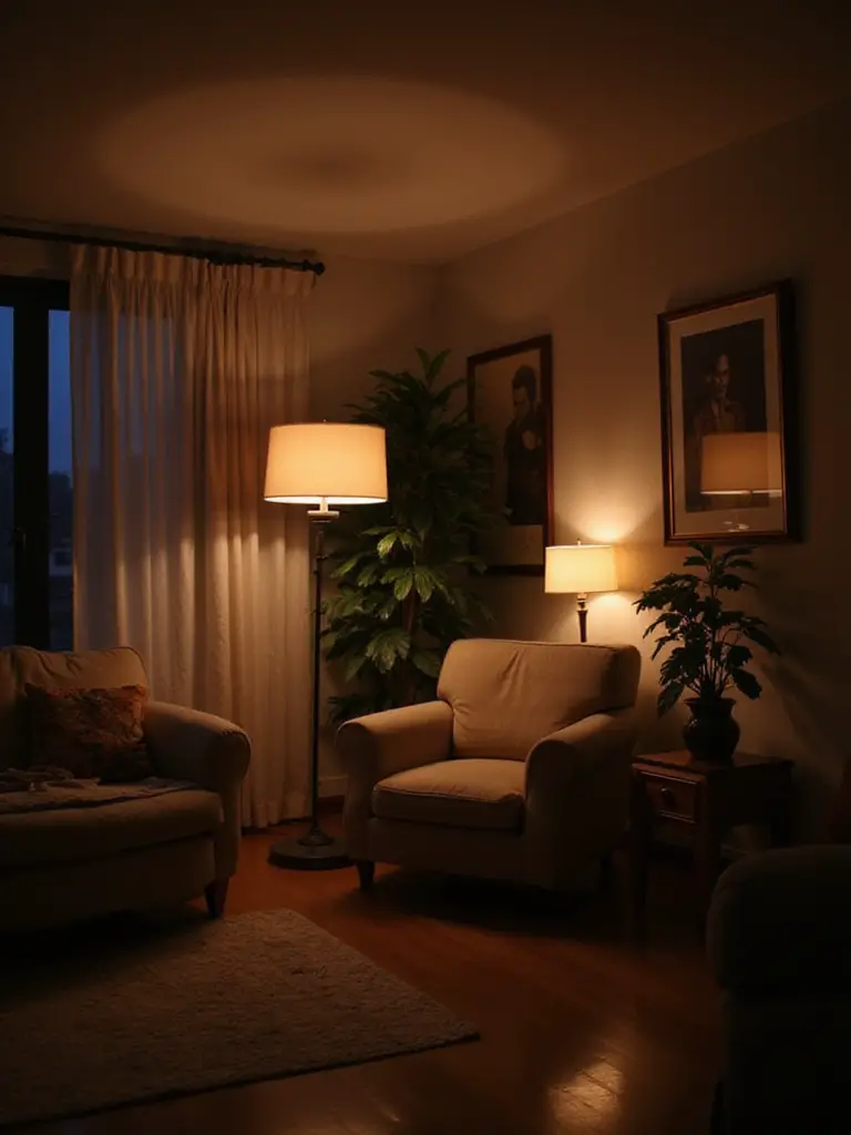 An inviting apartment living room illuminated by strategic layered lighting, featuring warm glows from floor and table lamps creating a cozy ambiance and highlighting decor.